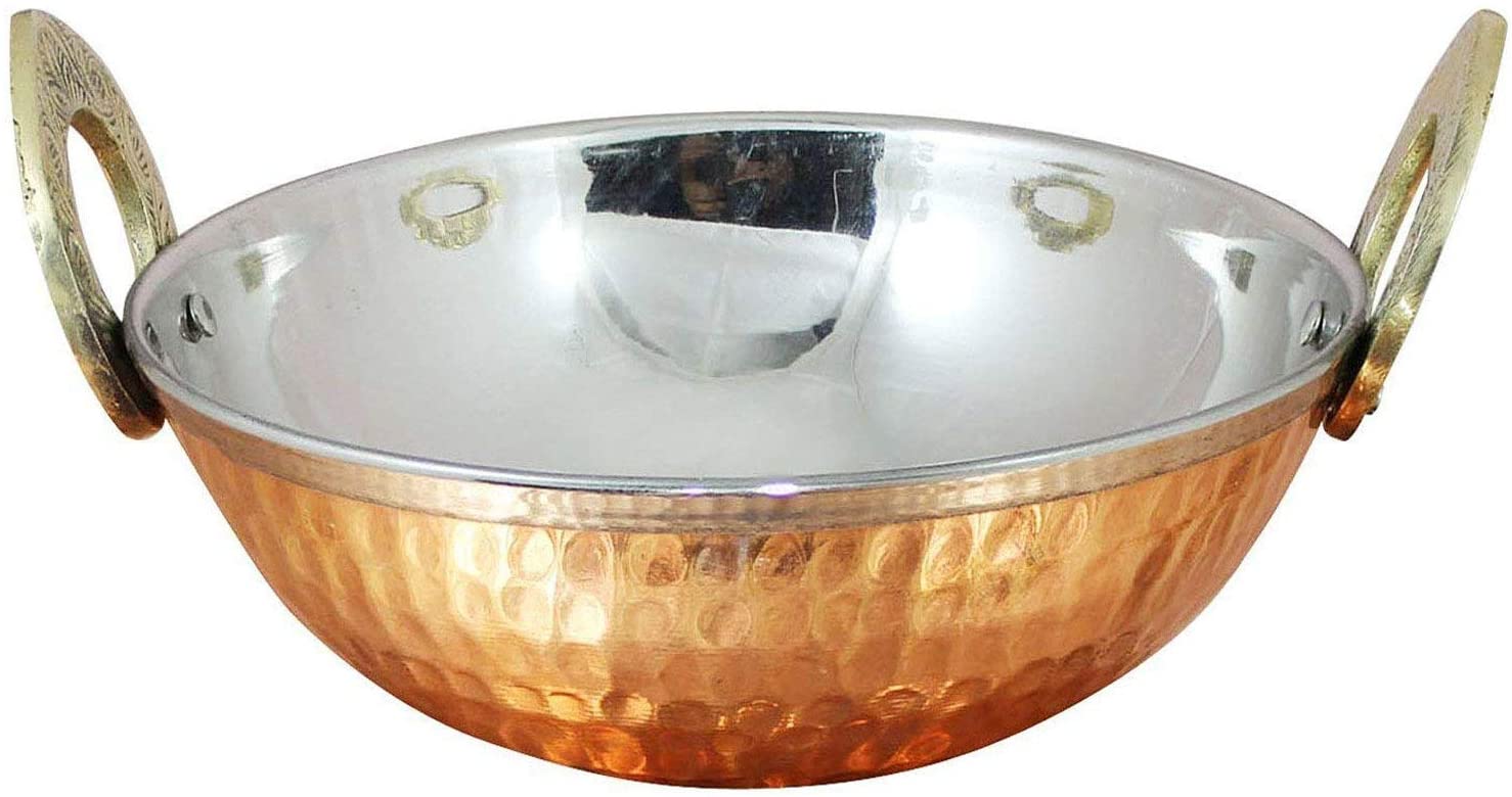 Zap impex Set of 2， Copper Stainless Steel Serve Ware Copper Bowls with Handle Serving Bowl Indian Dishes Karahi (15 cm)