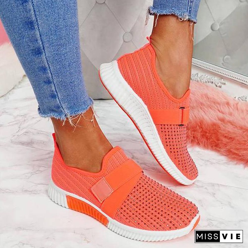 Women Fashion Bling Rhinestones Flyknit Fabric Slip On Breathable Platform Sneakers