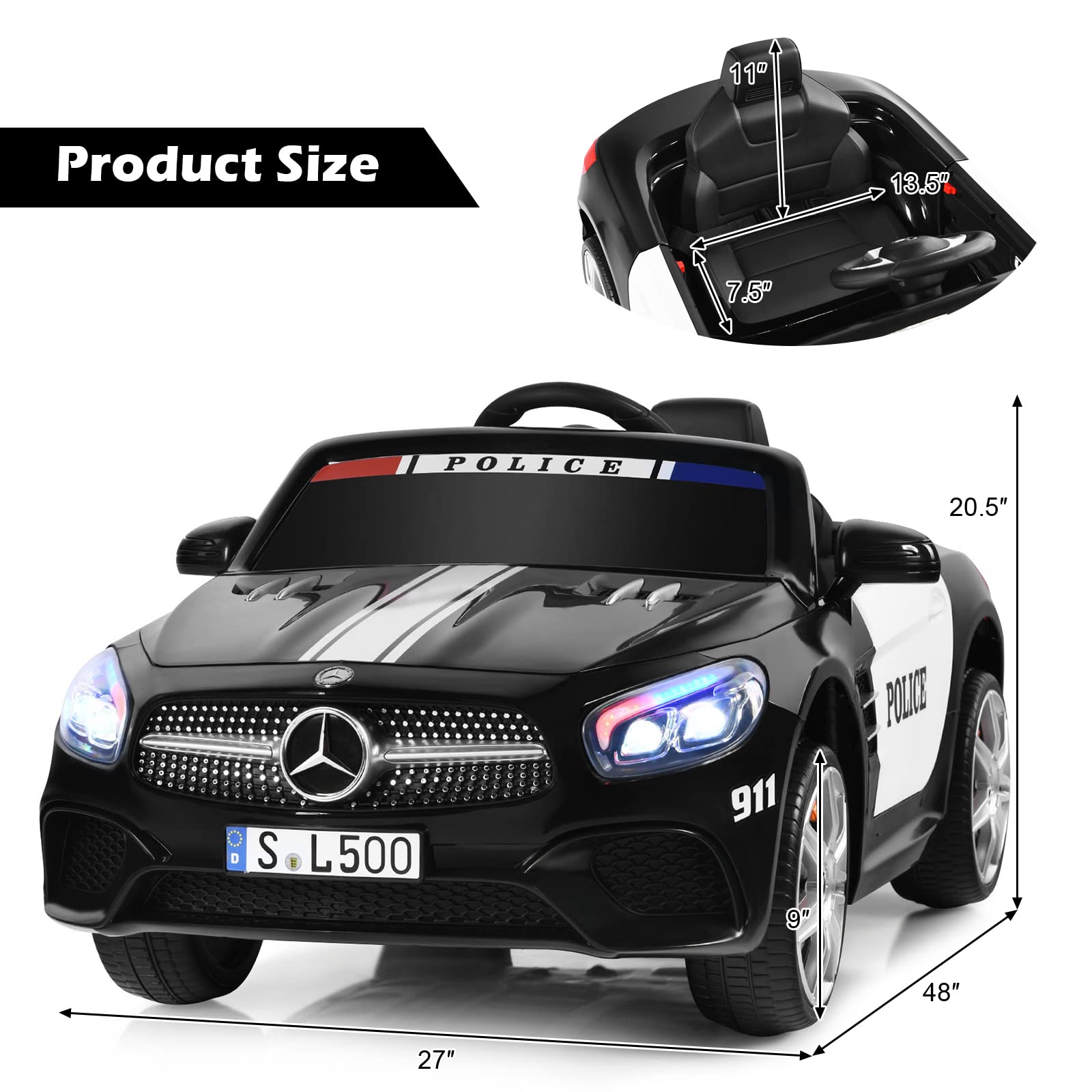 Ride on Car 4 Wheeler, Police Electric Car for Kids, Black