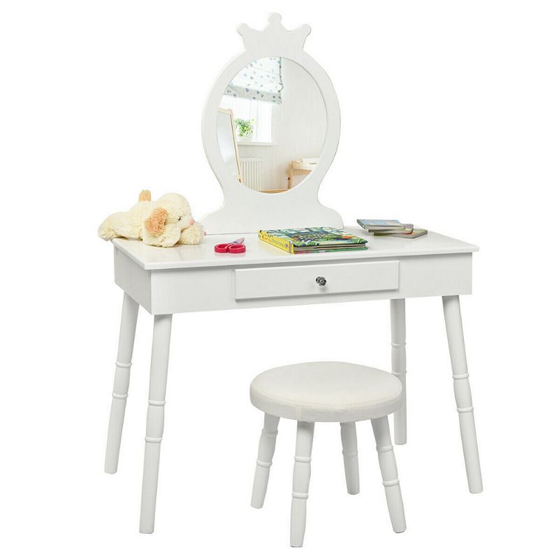 Kids Wooden Princess Makeup Table with Cushioned Stool