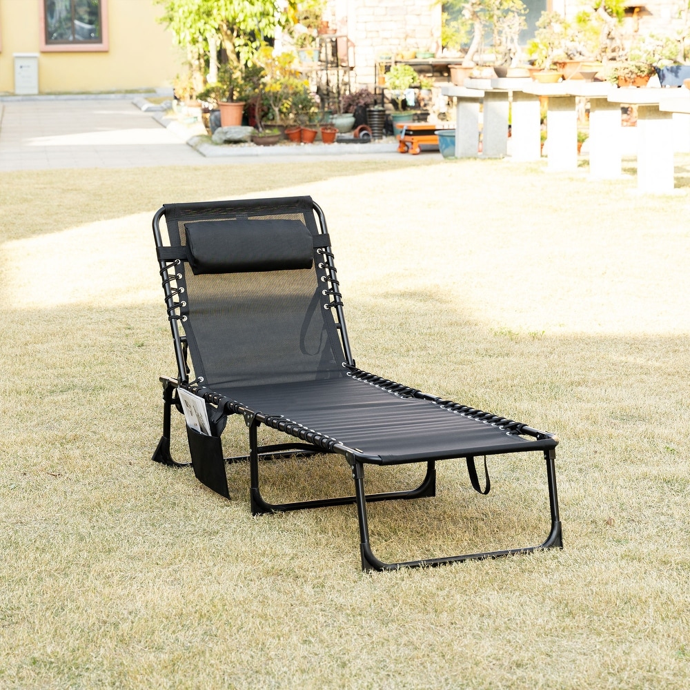 Outsunny Reclining Lounge Chair  Portable Sun Lounger  Folding Camping Cot  with Adjustable Backrest and Removable Pillow