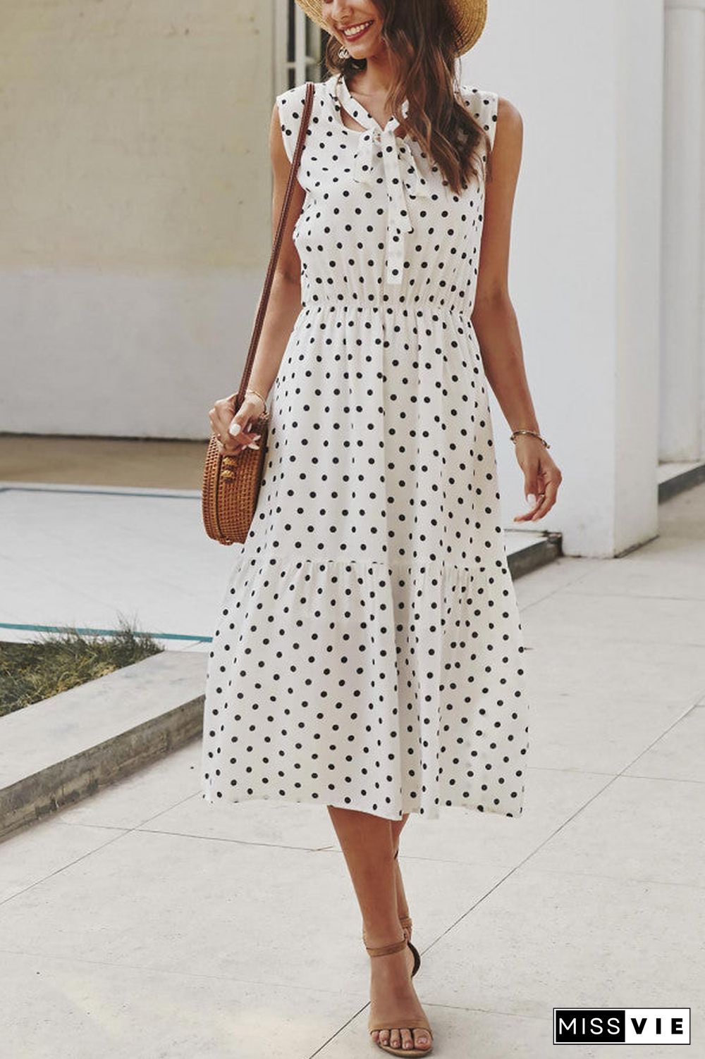 Polka Dot Tie Neck Sleeveless Dress