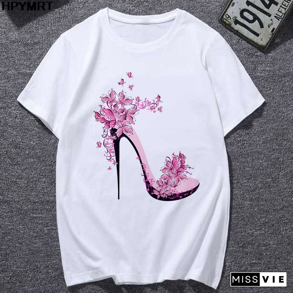 Summer Newest T-Shirts Women Watercolor High Heels Printed Femme T-shirt