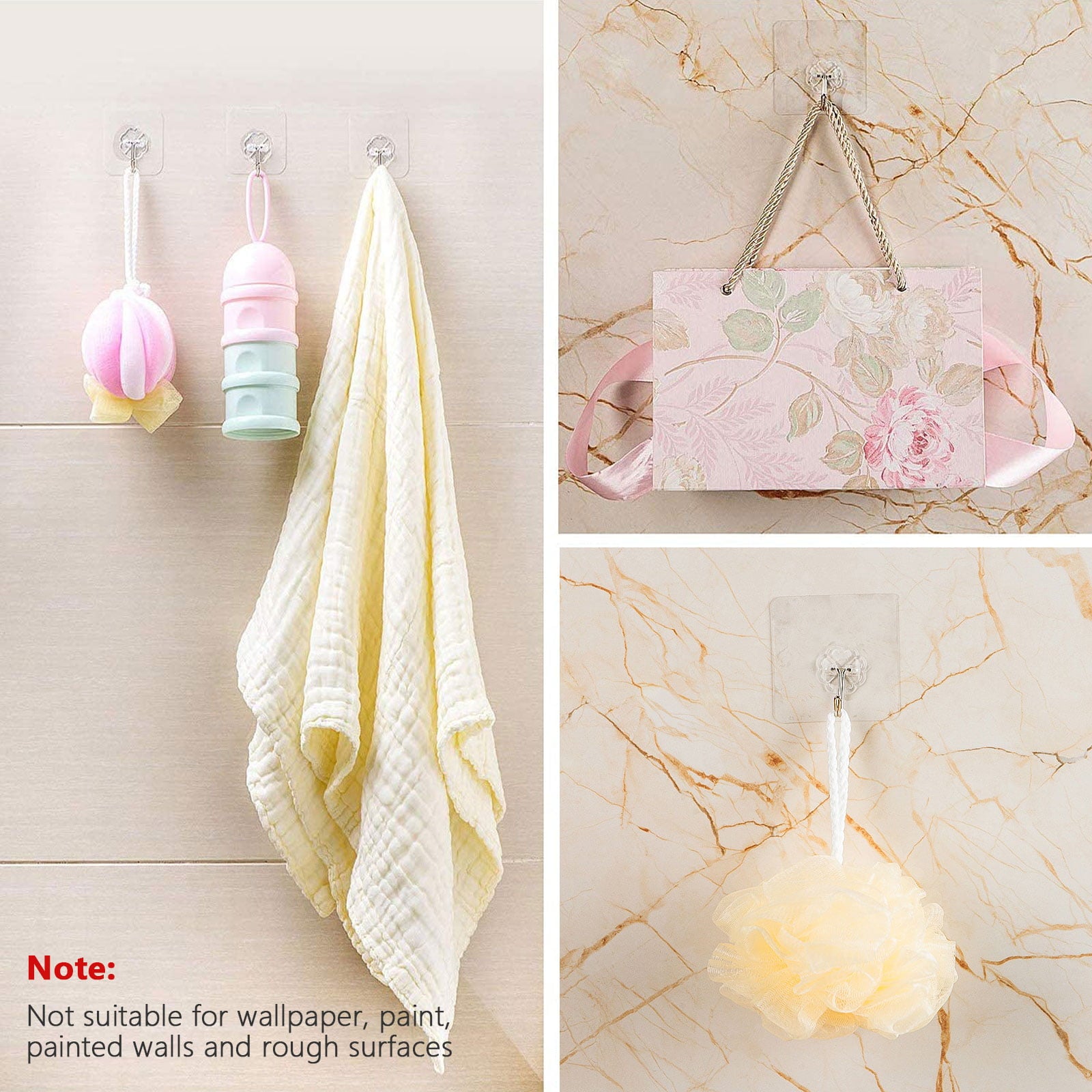 TSV 20pcs Self Adhesive Wall Hooks 15KG (Max) Heavy Duty Transparent Stick On Hangers Waterproof Oilproof for Kitchen Bathroom