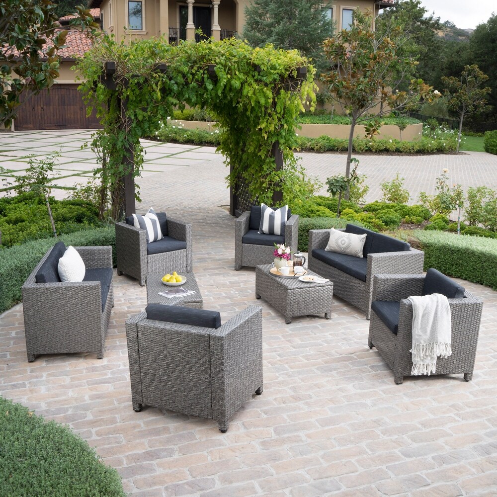 Puerta Outdoor 8 piece Wicker Sofa Chat Set with Cushions by Christopher Knight Home