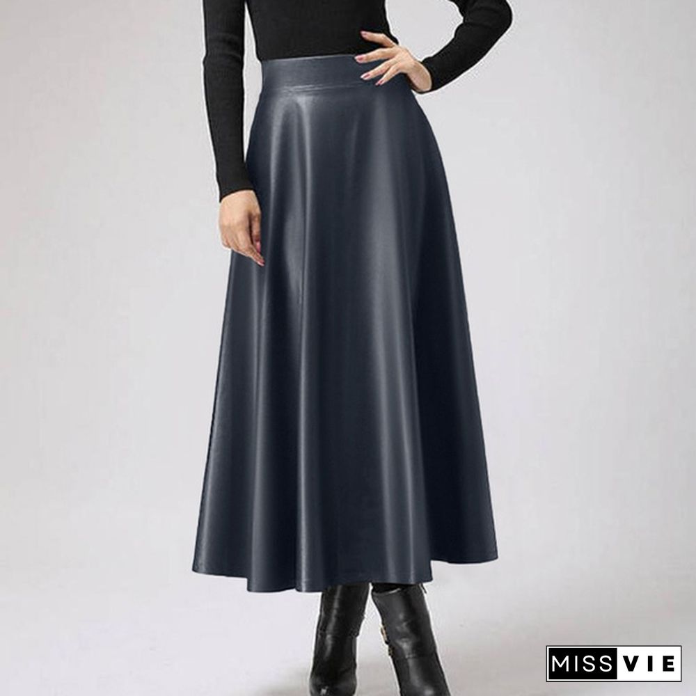 Women Pu Leather Maxi Skirt Autumn Winter Long Dress High Waist Party Casual Umbrella Skirt Plus Size Clothes