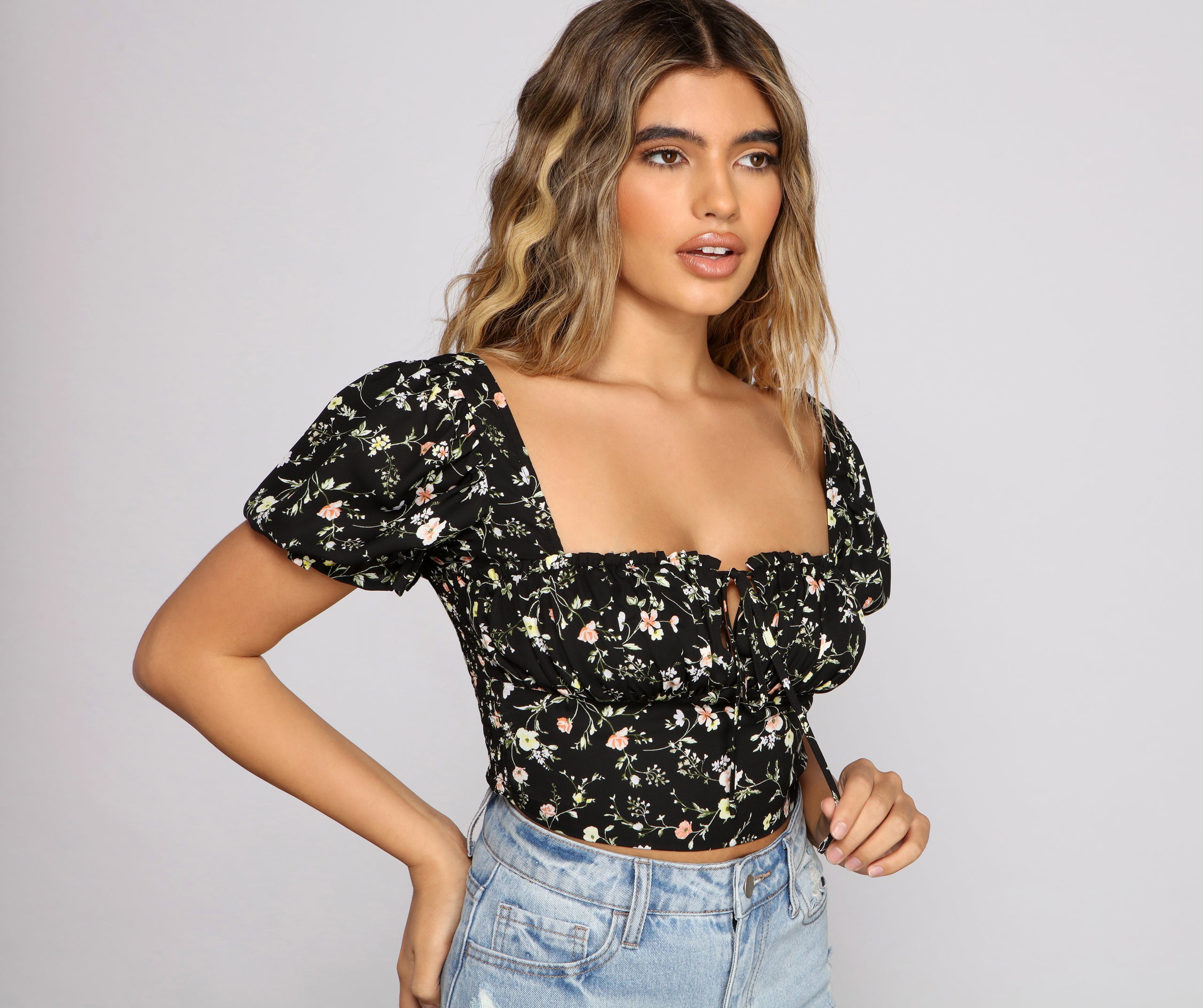 Favorite Floral Puff Sleeve Crop Top