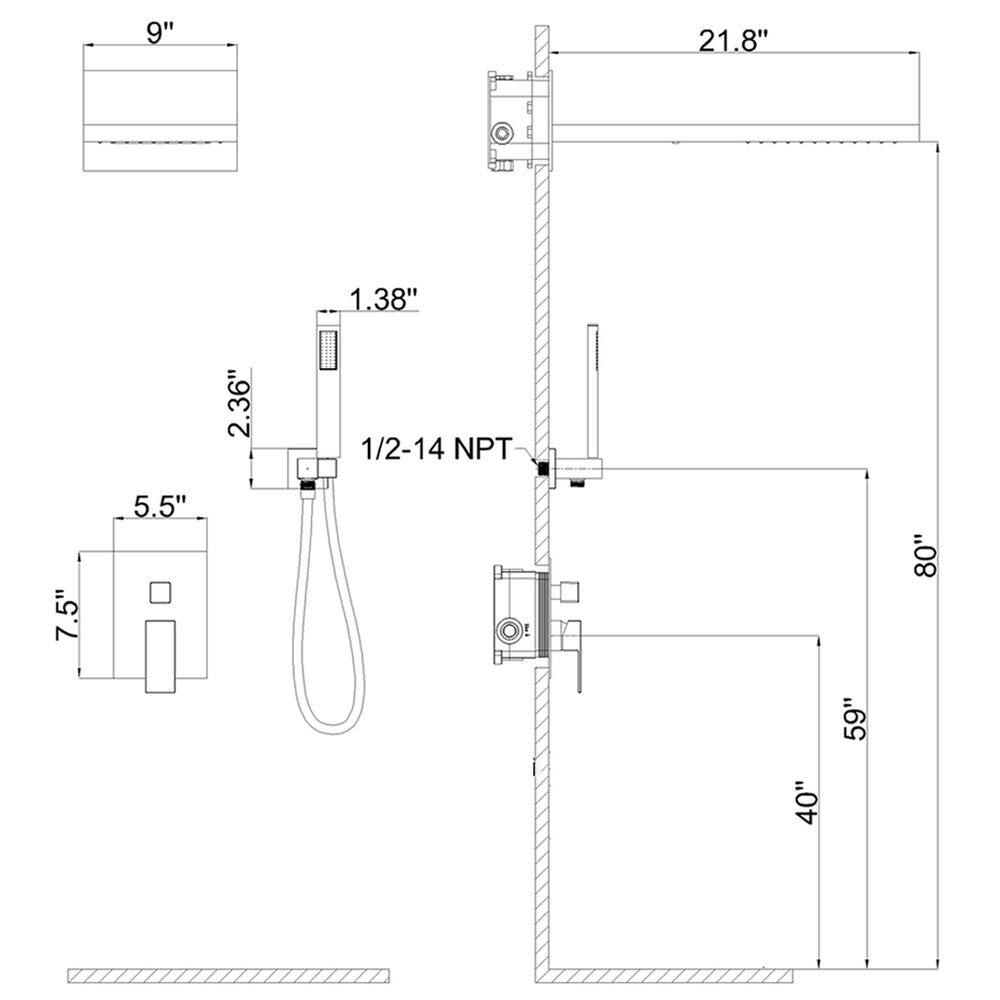 GIVING TREE 3-Spray Patterns with 22 in. Waterfall Shower Head Wall Mount Dual Shower Heads Hand Shower in Matte Black XLHDDTSH0023