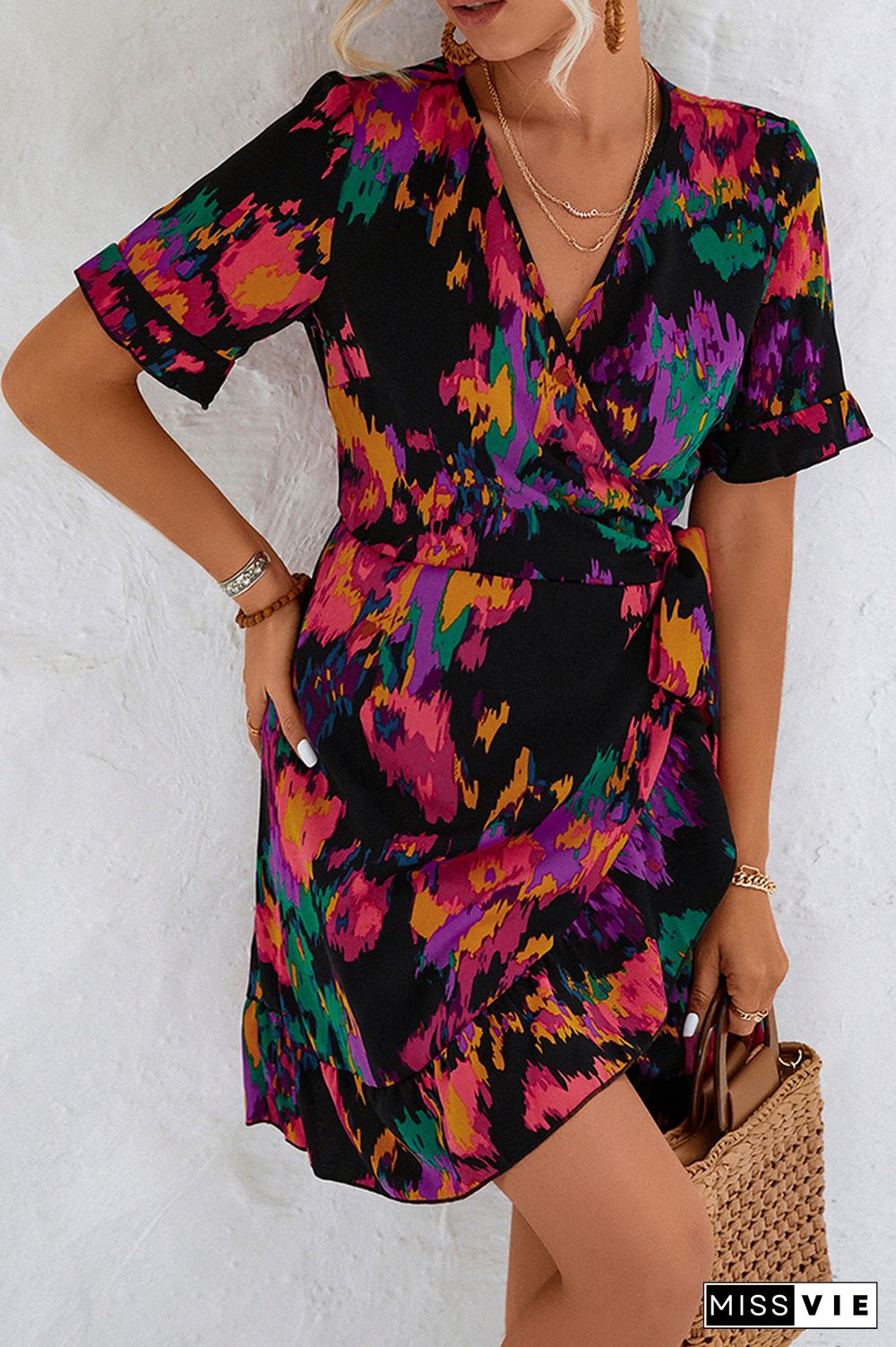 Wrap V Neck Abstract Printed Ruffles Dress