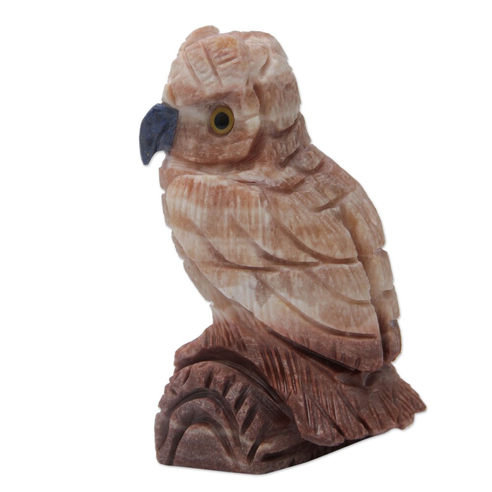 Handmade Calcite Sodalite 'Rosy Owl' Sculpture (Peru)