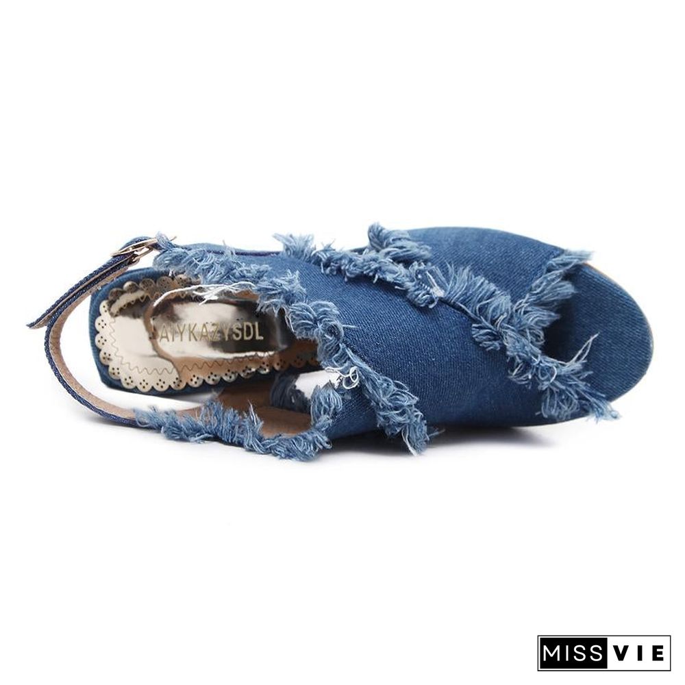 Women Peep Toe Denim Sandals Frayed Tassel Back Strap High Heels Sandals