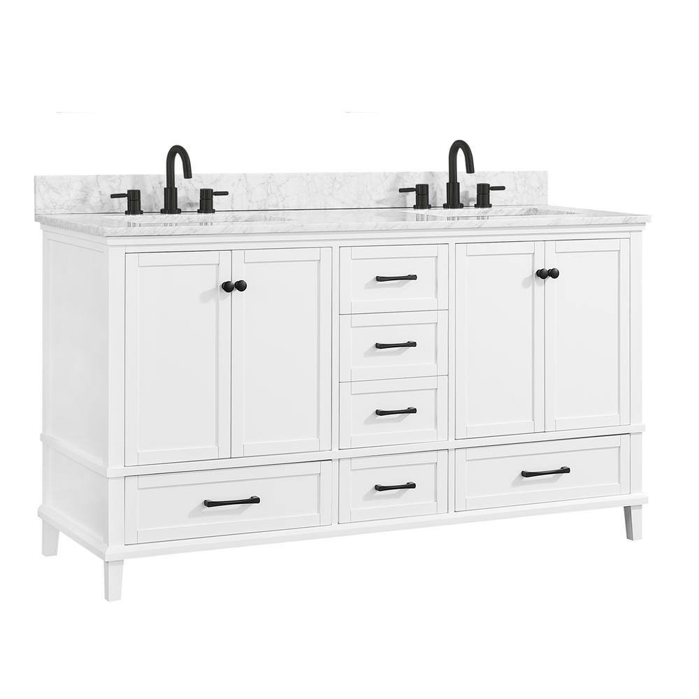 Home Decorators Collection Merryfield 61 in. W x 22 in. D x 35 in. H Freestanding Bath Vanity in White with Carrara White Marble Top 19112-VS61-WT