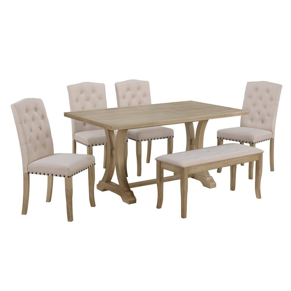 Harper  Bright Designs Farmhouse 6-Piece Natural Wood Wash Rectangular MDF Top Dining Table Set Seats-6 with 4-Upholstered Chairs and Bench XW061AAD