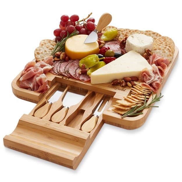 Casafield Bamboo Cheese Cutting Board amp 4pc Knife Gift Set Wooden Charcuterie Serving Tray For Cheese Meat Fruit amp Crackers