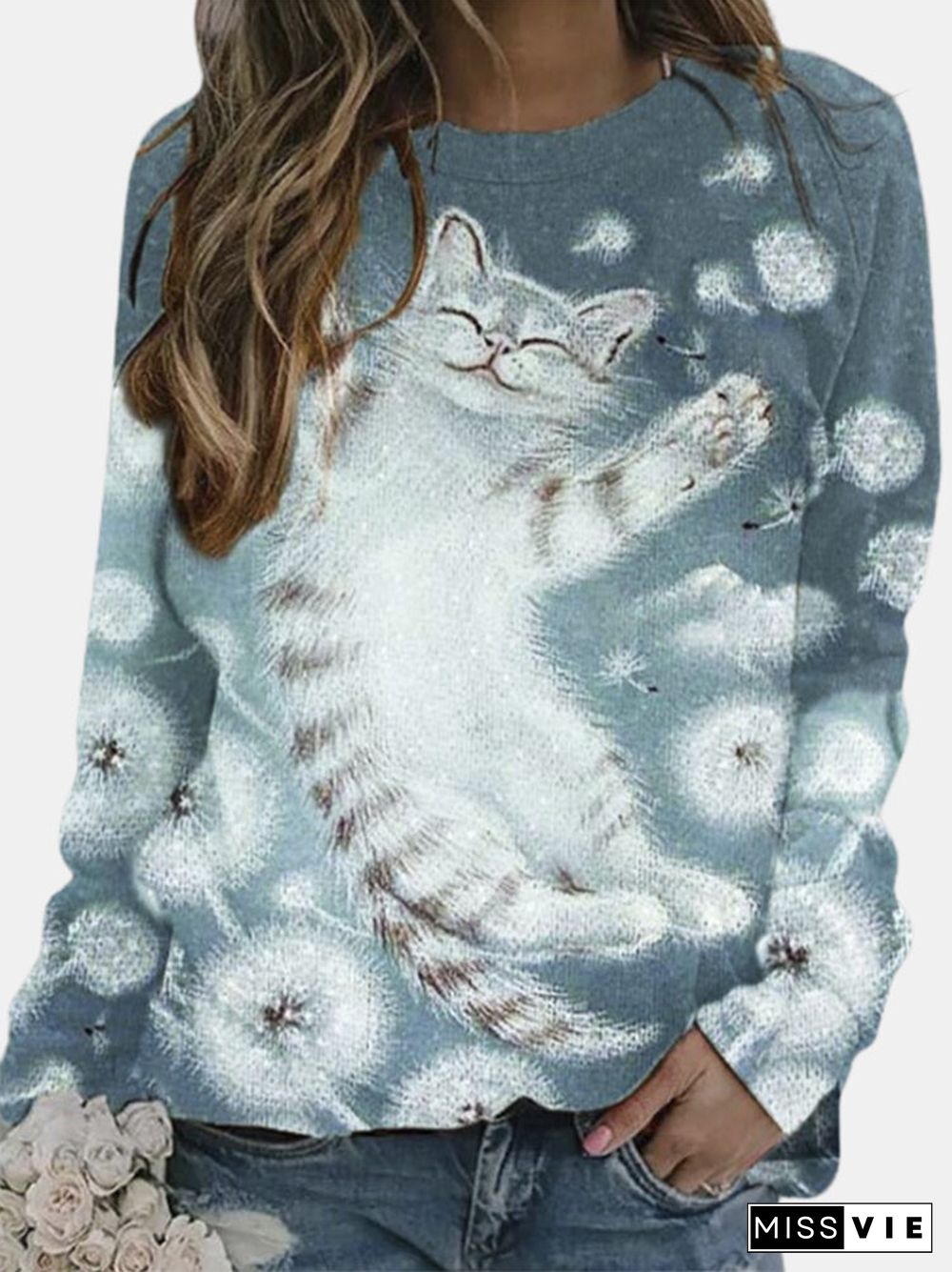 Cartoon Cat Printed O-neck Pullover Graphic Sweatshirt For Women