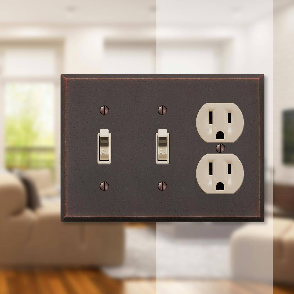 AMERELLE Manhattan 3 Gang 2-Toggle and 1-Duplex Metal Wall Plate - Aged Bronze 68TTDDB