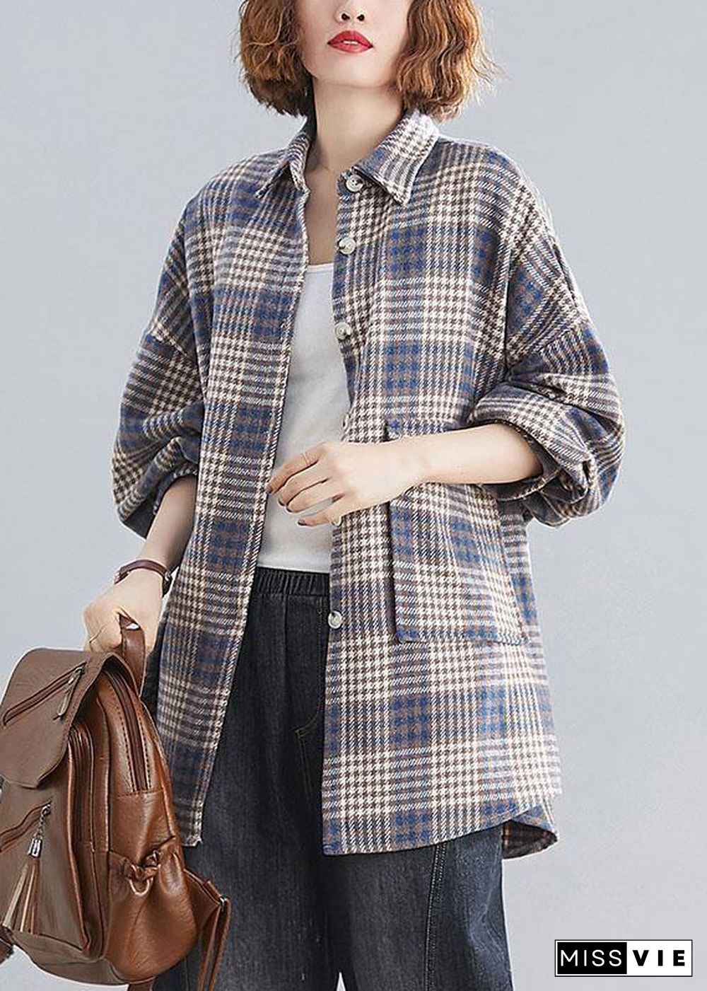 Natural blue plaid linen Blouse Fashion Ideas lapel Batwing Sleeve tops