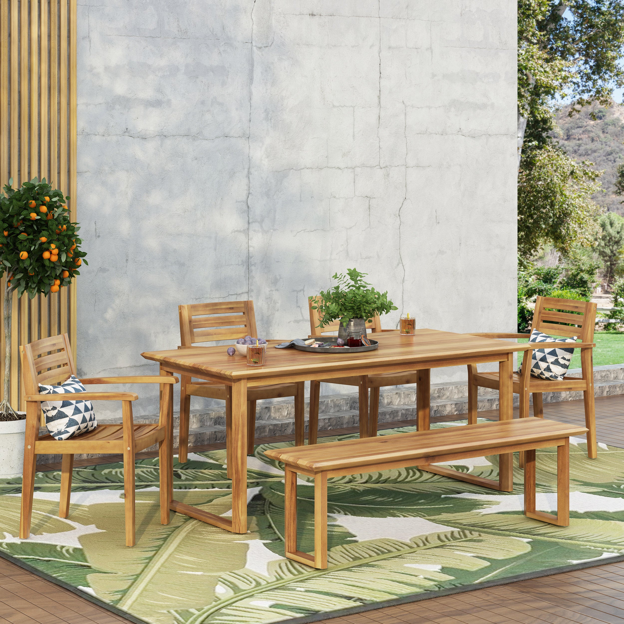 Nibley Outdoor Acacia Wood 6 Piece Dining Set with Bench