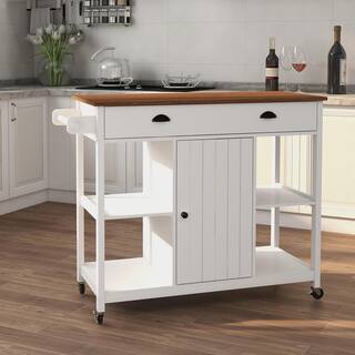 FUNKOL 5-Tier White Wood Top 39.57 in. W Freestanding Kitchen Island Trolley Cart With Adjustable Shelf W282dx42474