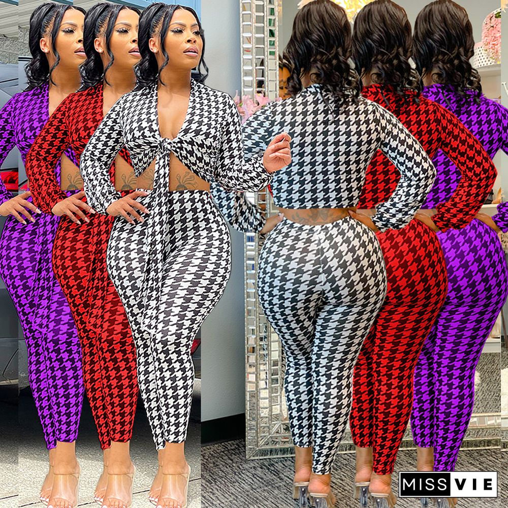 Houndstooth Print Bandage Crop Top Pants Set