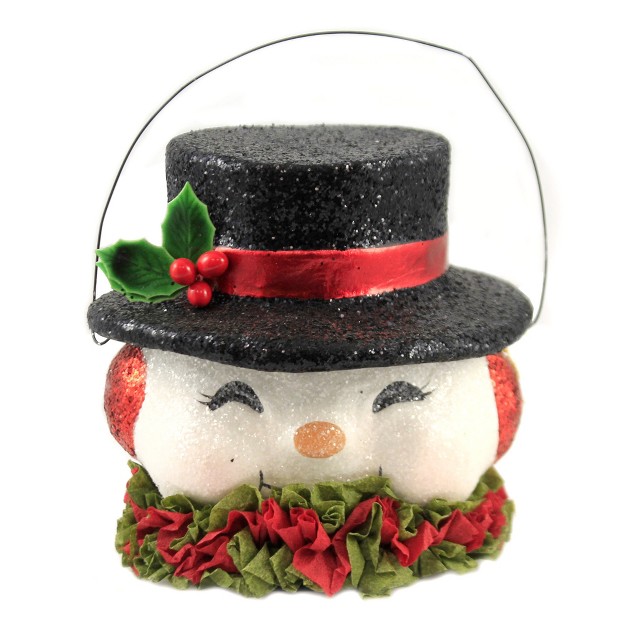 Christmas Happy Retro Snowman Bucket One Figurines 5 25 Inches Top Hat Ear Muffs Holly Tl9412 Paper Multicolored