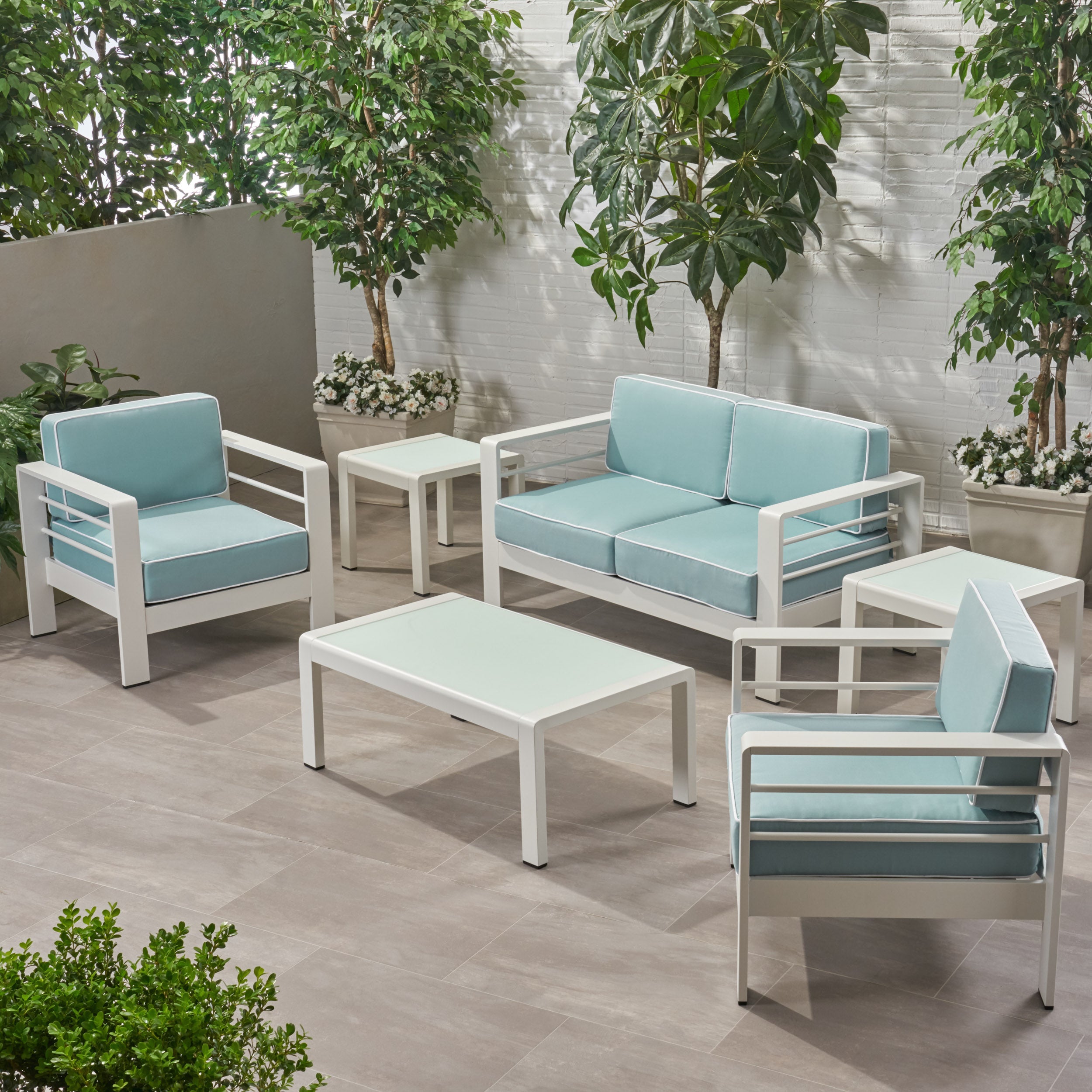 Snowy Coral Outdoor 4 Seater Aluminum Chat Set with 2 Side Table