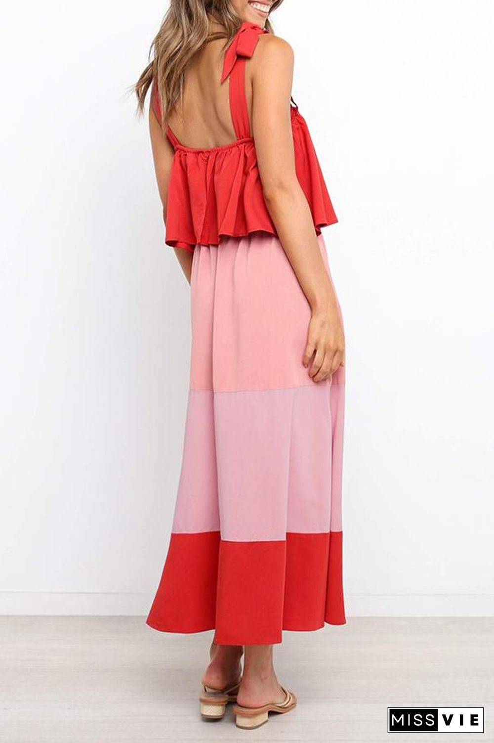 Lace-up Ruffled Colorblock Maxi Dress P13032