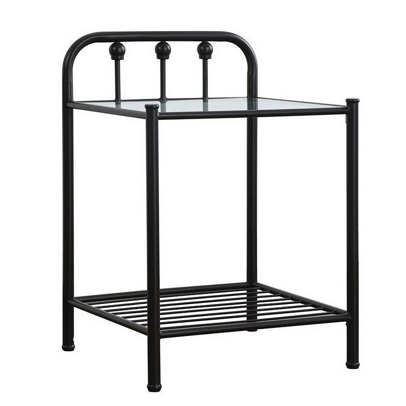 Metal Nightstand with Glass Top and Slated Open Bottom Shelf， Black