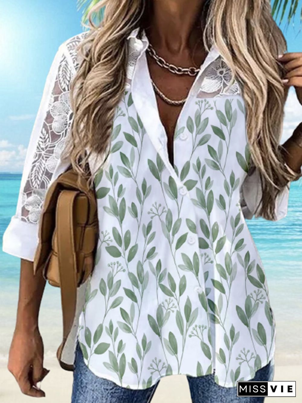 Lace 3/4 Sleeves Leaves Printed Plus Size Casual Shirt