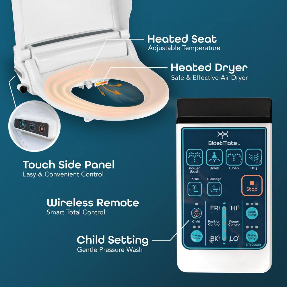 BIDETMATE 2000 Series Electric Bidet Seat for Elongated Toilets with Remote Deodorizer and Warm Air Dryer in White BM-2000R-E