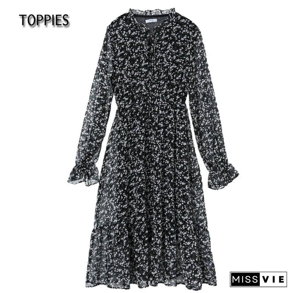 Toppies Autumn Ruffled Chiffon Dress Floral Printed Elastic High Waist A Line Dress Long Sleeve Fashion Women's Clothes