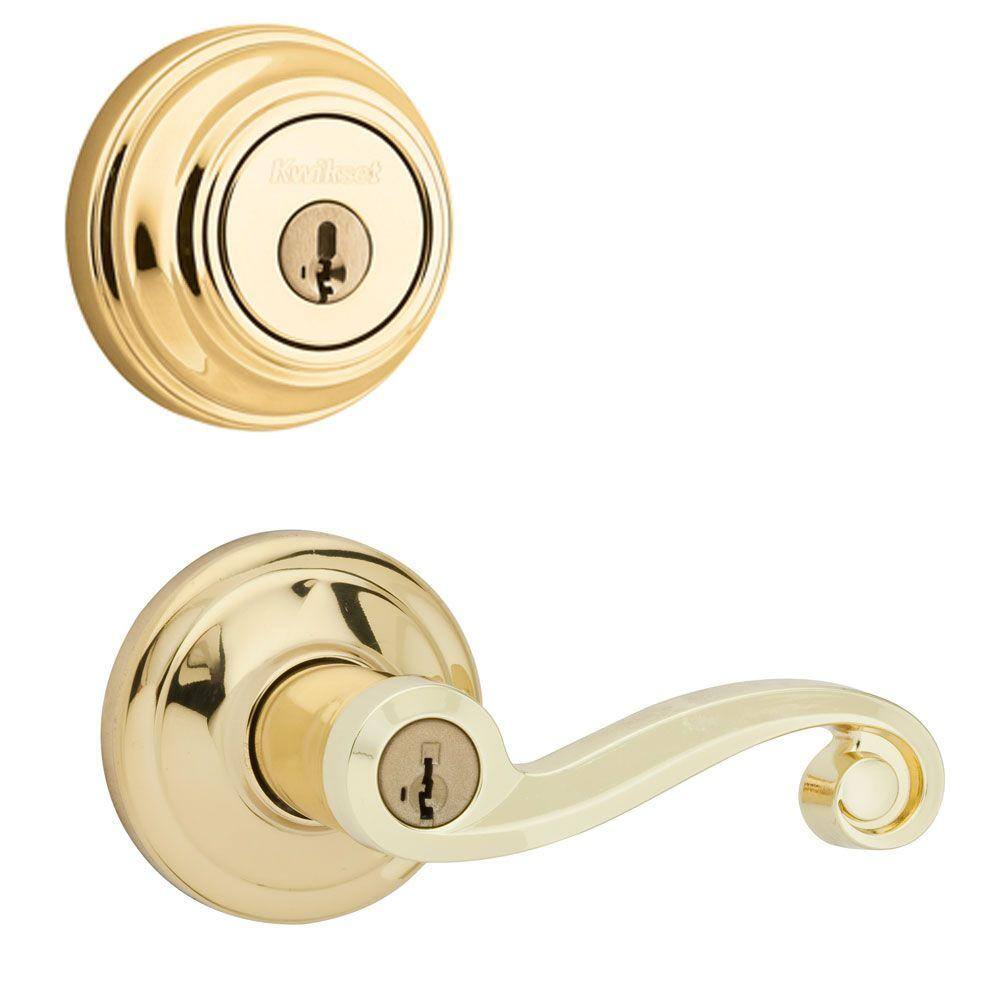 Kwikset Lido Polished Brass Exterior Entry Door Handle and Single Cylinder Deadbolt Combo Pack Featuring SmartKey Security 991LL 3 SMT CP