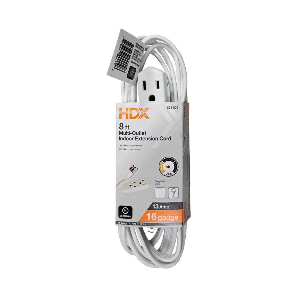 HDX 8 ft. 163 Light Duty Indoor Extension Cord with Banana Tap White HD#838-802