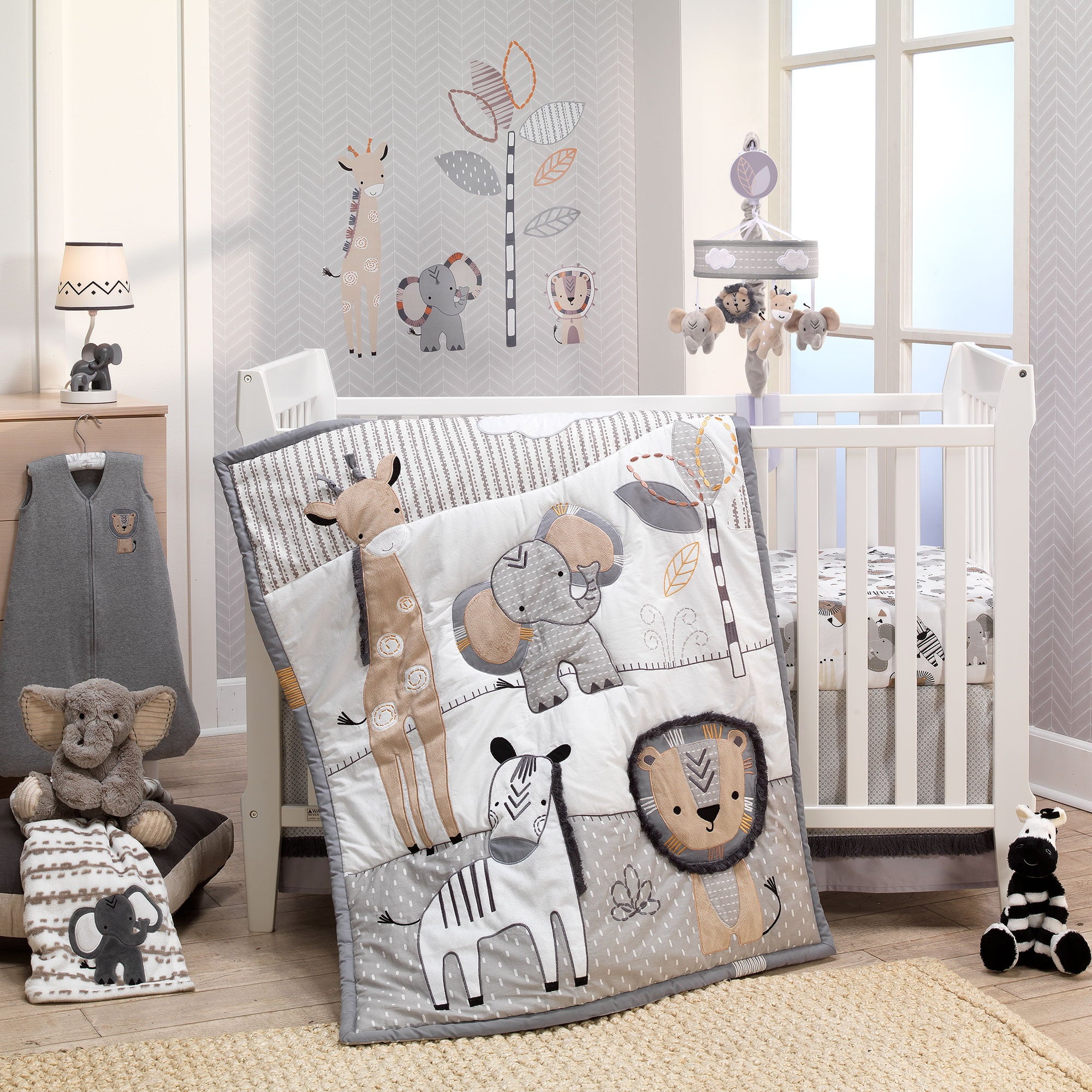 Lambs and Ivy Jungle Safari Gray/Tan/White Nursery 6-Piece Baby Crib Bedding Set