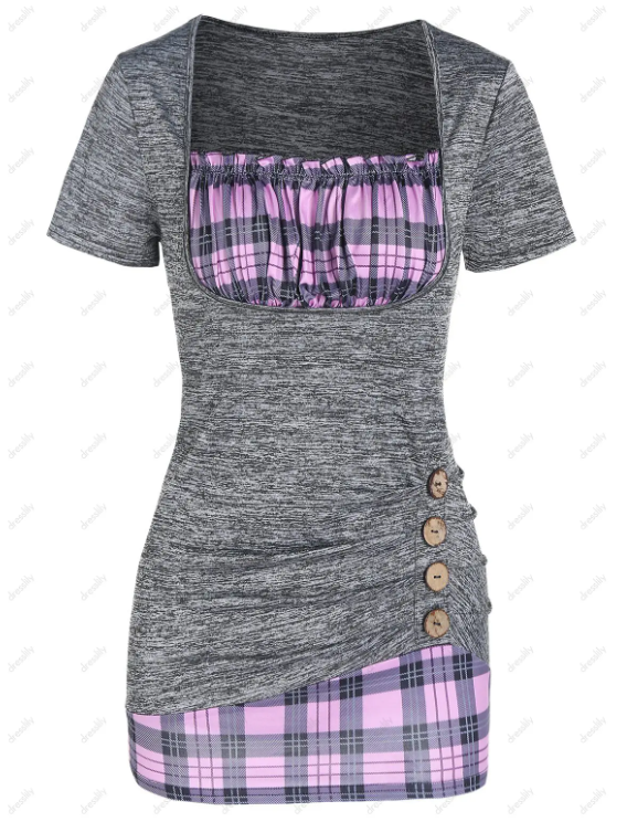 Plaid Print Ruched Bust Mock Button Faux Twinset T Shirt And Lattice Capri Leggings Summer Outfit