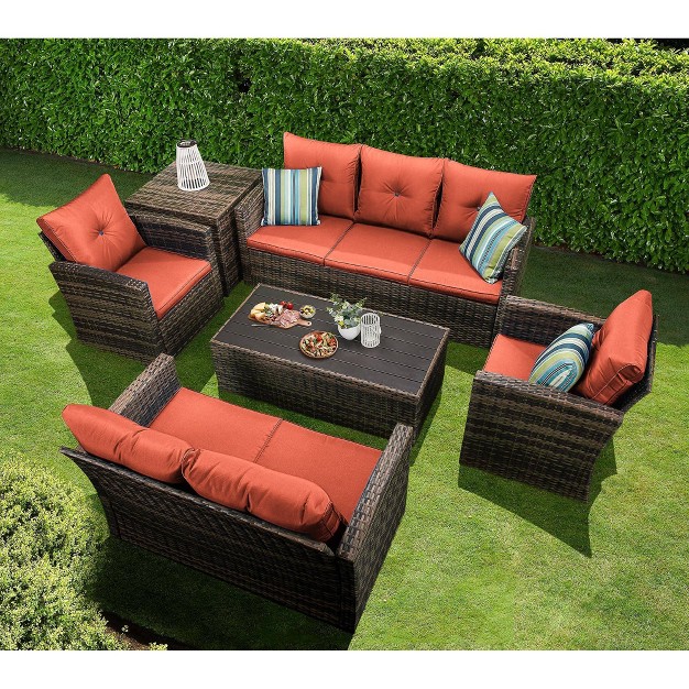 6pc Wicker Outdoor Conversation Set With Cushions Orange Edyo Living