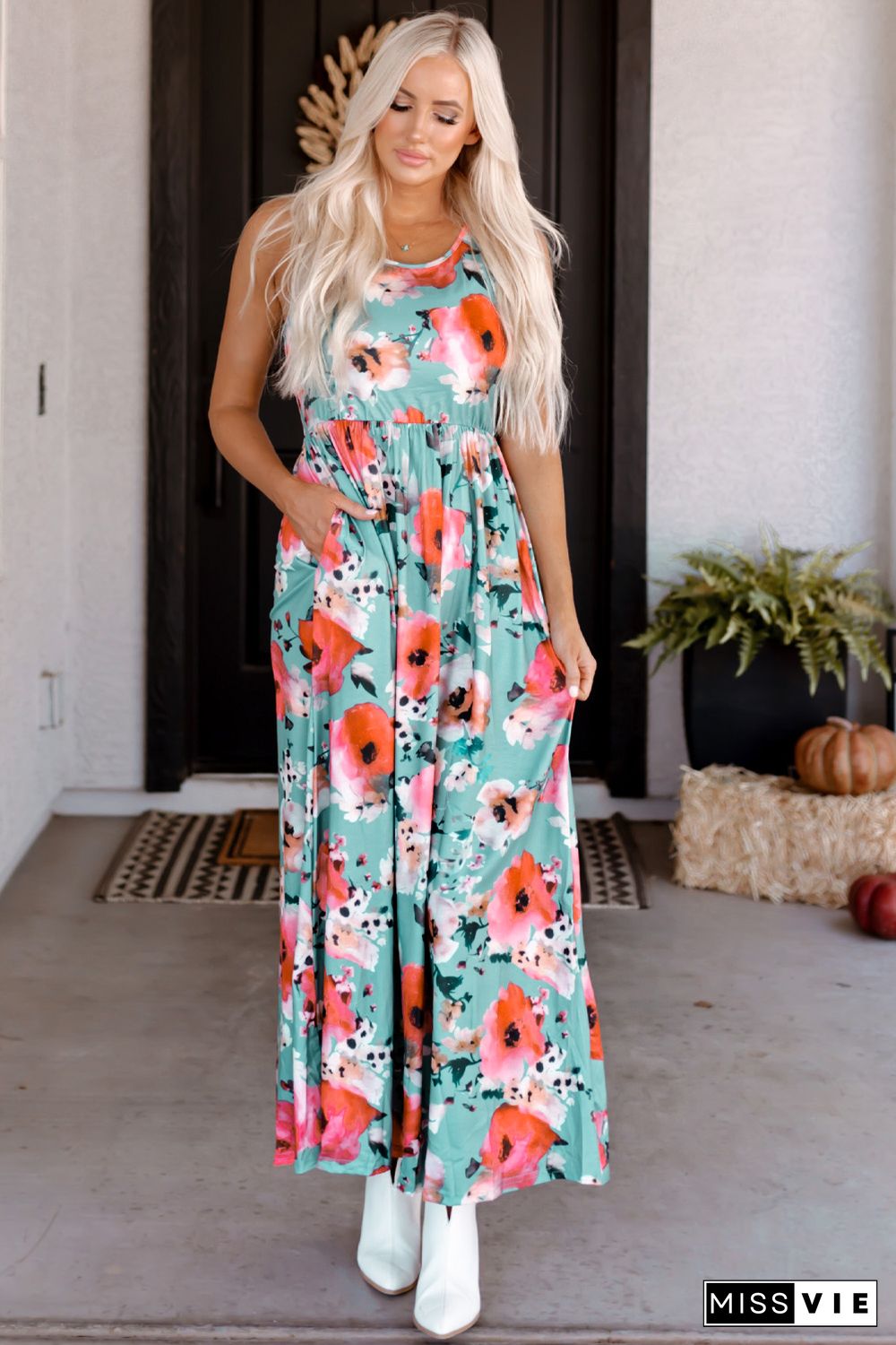 Sky Blue Boho Print Sleeveless High Waist Long Floral Dress