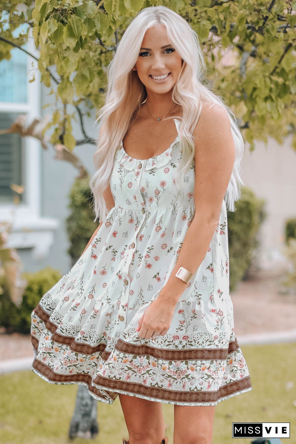 White Ruffled Neckline Floral Print Button Sundress