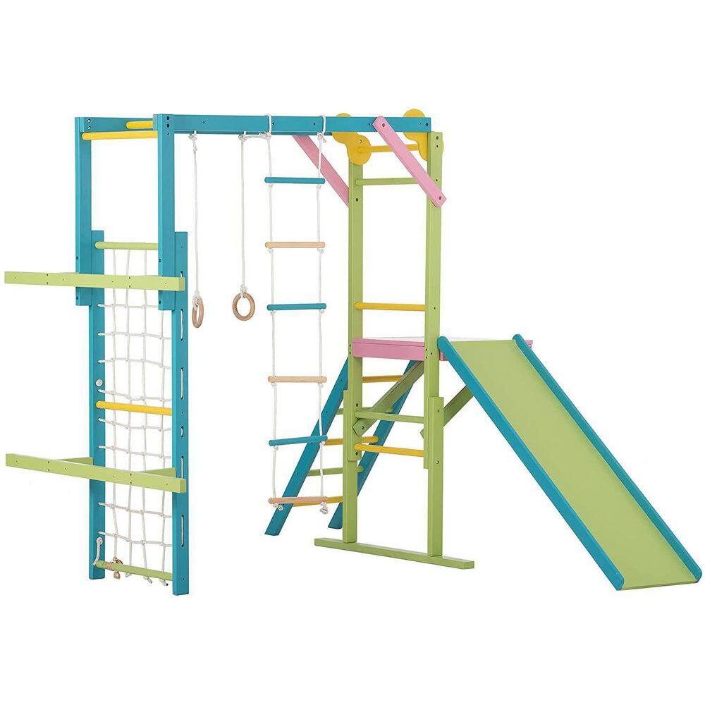 Avenlur Avenlur Grove Indoor Wooden Jungle Gym Monkey Bars and Rope Wall Net Ladder Climber Slide Ring Set - Colorful WD-GYM-CLR