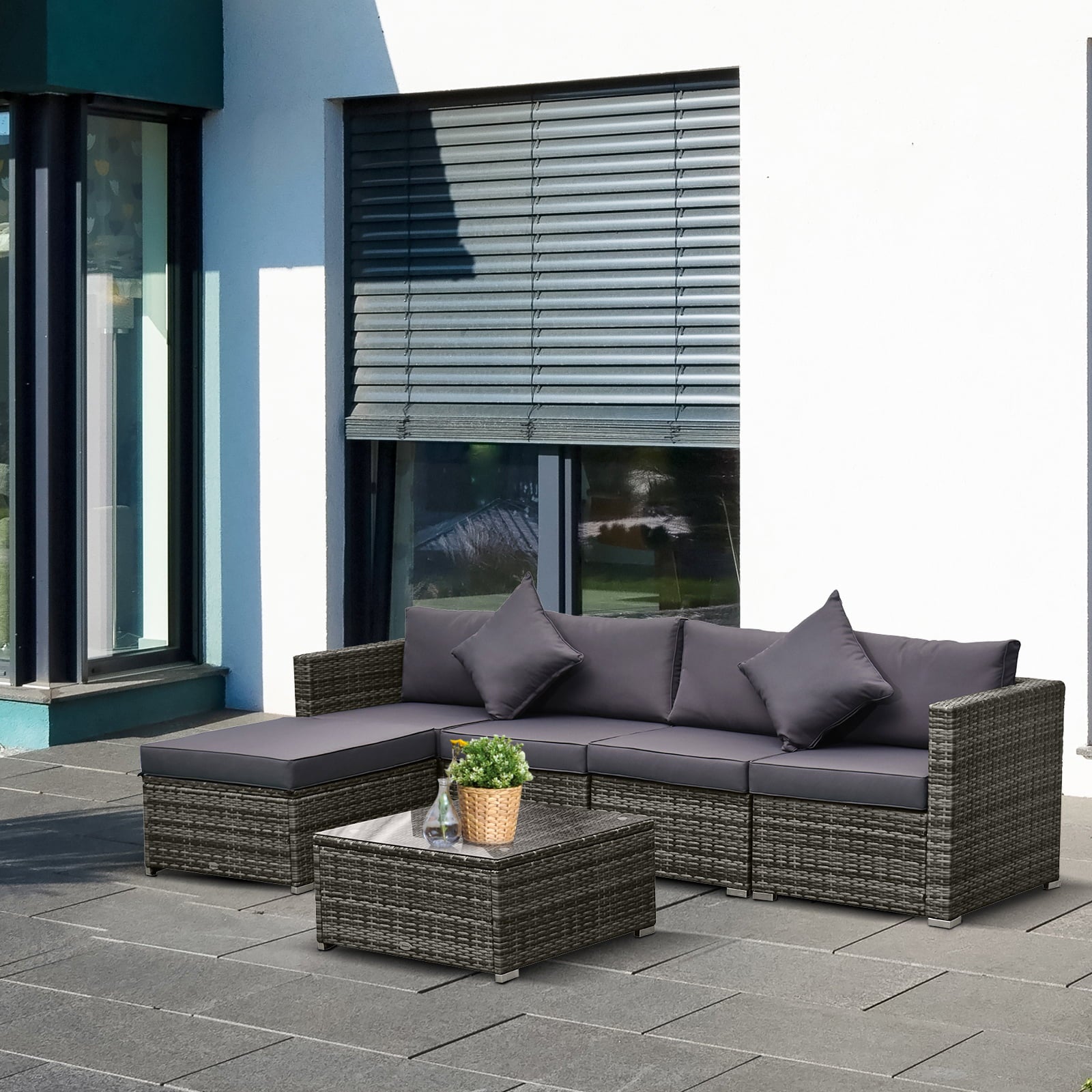 Outsunny 6-Piece Outdoor Patio Rattan Wicker Furniture Sofa Set W/ Cushions Grey, Sectional Sets