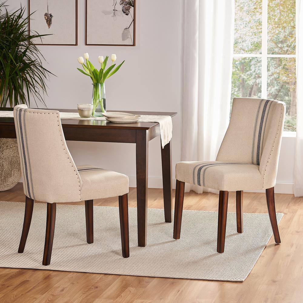 Noble House Harman Blue Stripe on Beige Linen Dining Chair (Set of 2) 5221