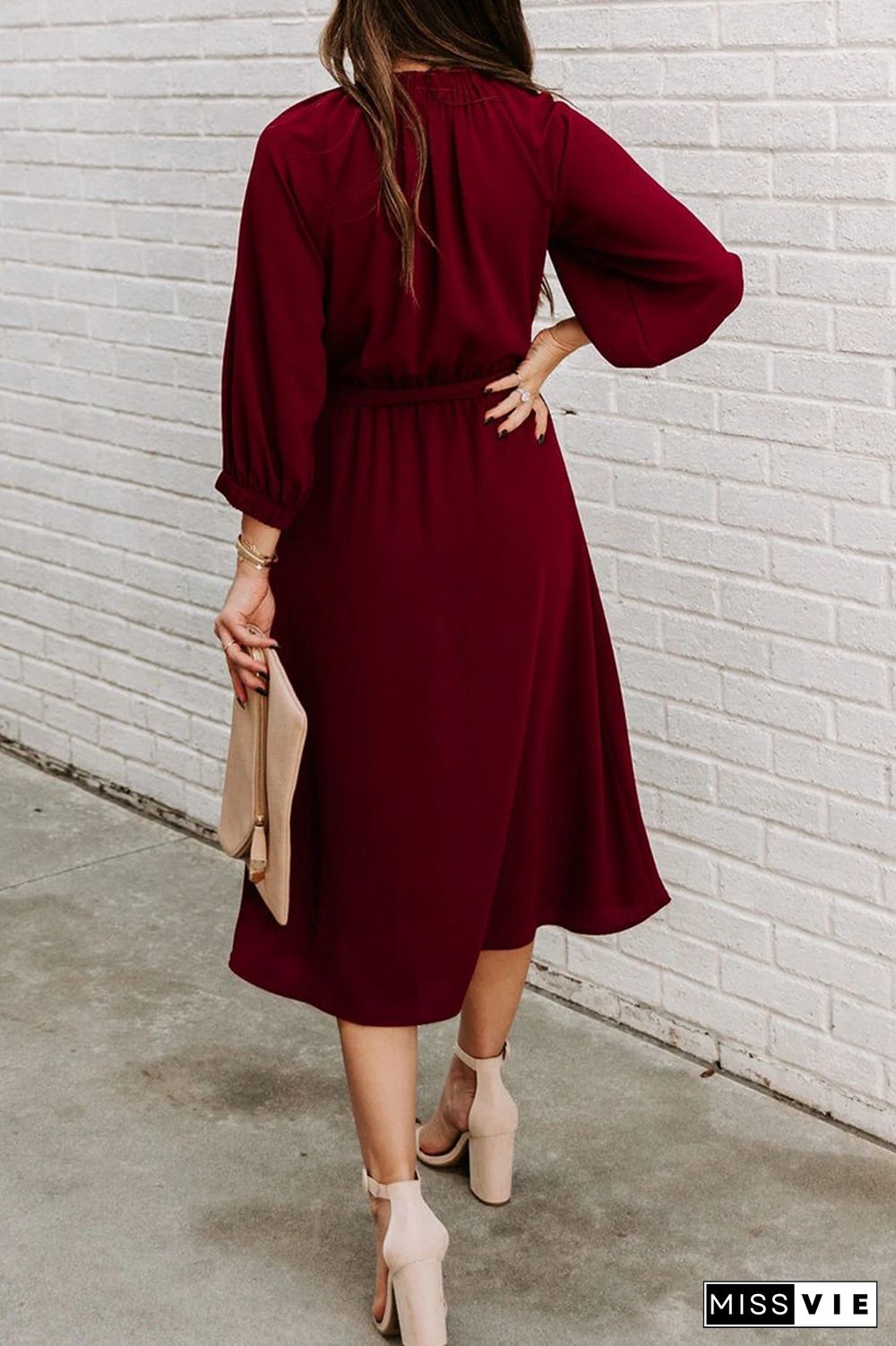 Casual Solid Patchwork O Neck Waist Skirt Dresses