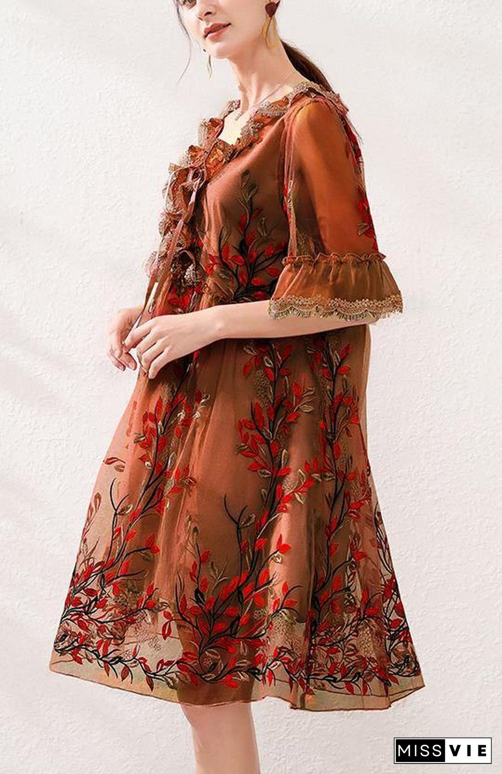 Organic Chocolate Embroidery Lace Butterfly Sleeve Summer Robe Dresses