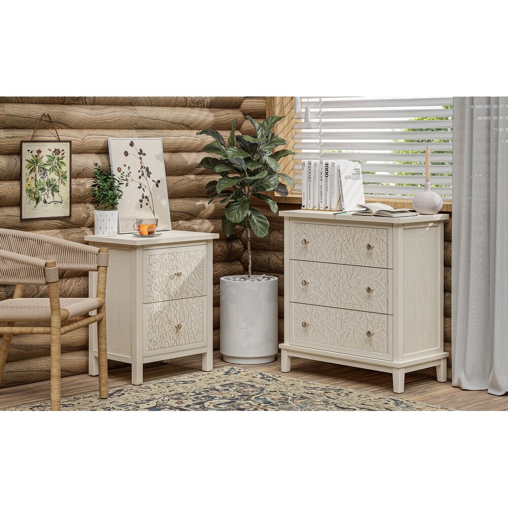 COZAYH Farmhouse Fully Assembled Nightstand with 2 Drawer  Flower Motif End Table for Small Spaces  French Country