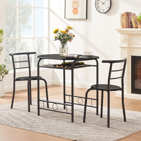 3-Piece Dining Set， Modern Wood Oval Table and 2 Chairs Set with Built-In Wine Rack