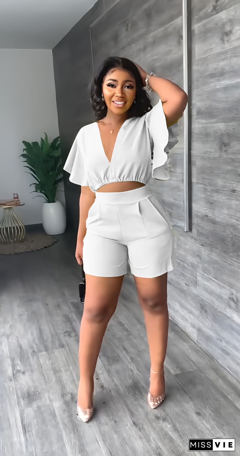 Ruffled Cropped V-Neck Top Casual Shorts Summer Two-Piece Set