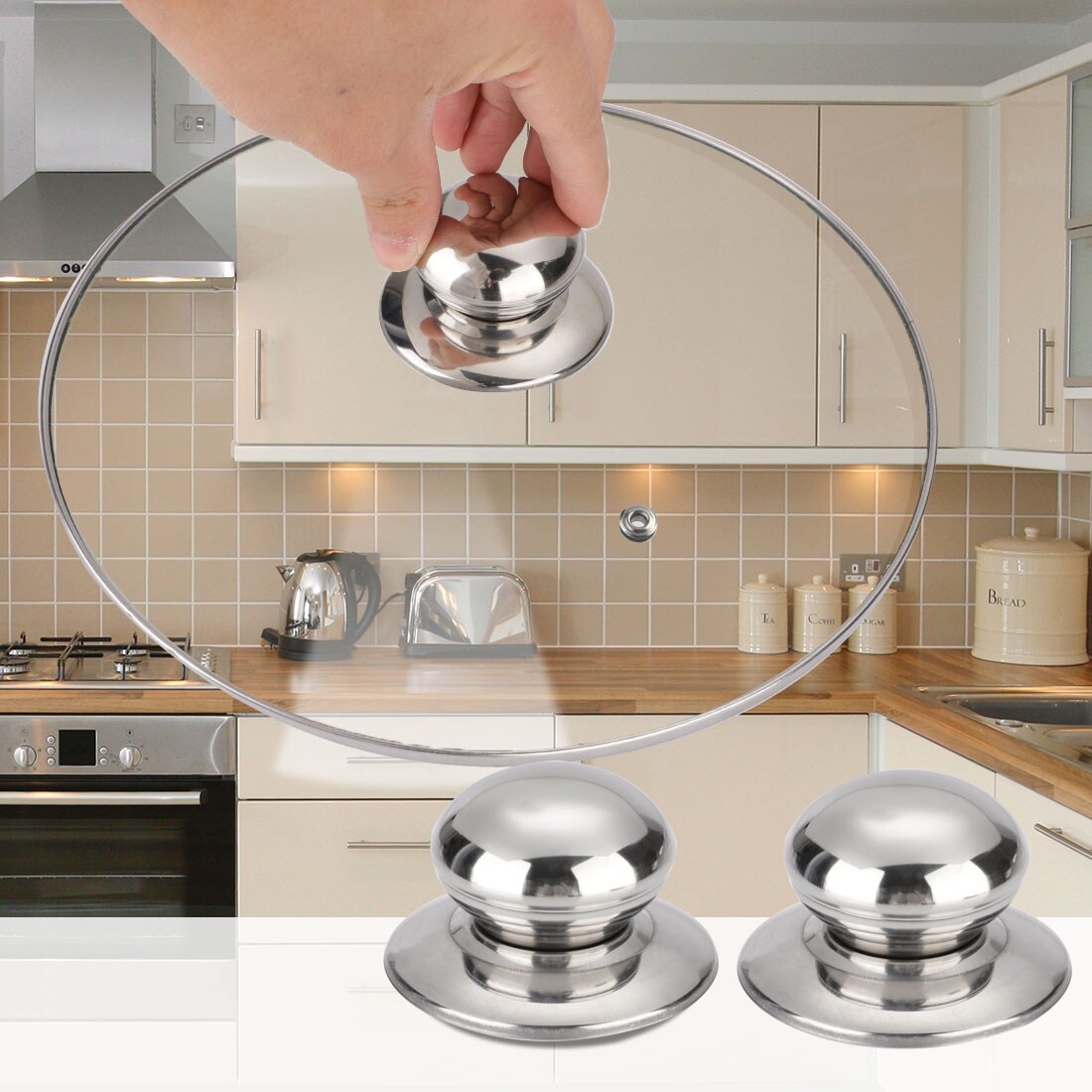 2pcs Stainless Steel Pan Lid Knob Kitchen Bakeware Cover Utensils Replacement - Silver Tone