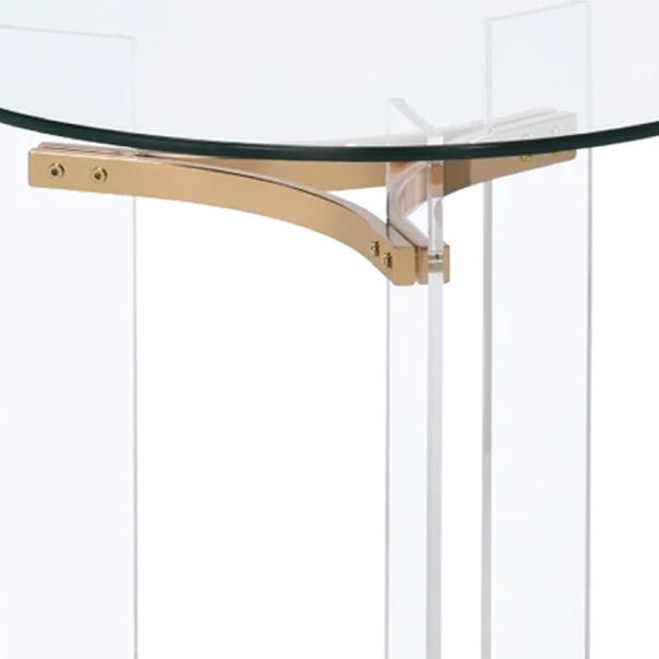 Hale 23 Inch Round End Table， Glass Top， Acrylic Legs， Clear， Gold