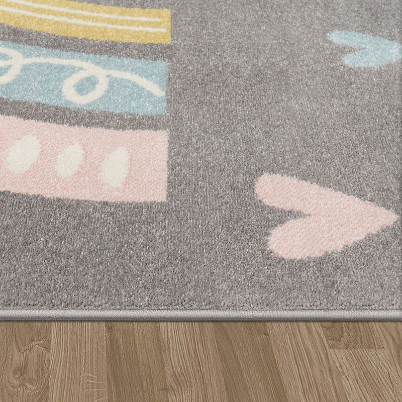 Kids Rug with Rainbow and Hearts for Nursery in Pastel Colors