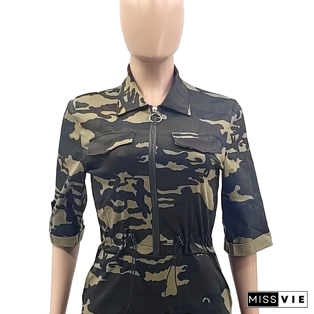 Camo Print Half Sleeve Zipper Turn Down Collar Dresses